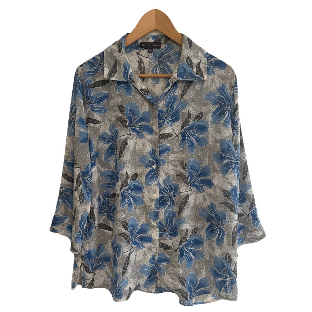 Classic Editions Sheer Floral Blouse L Cottagecore Blue Botanical CHIC Button up